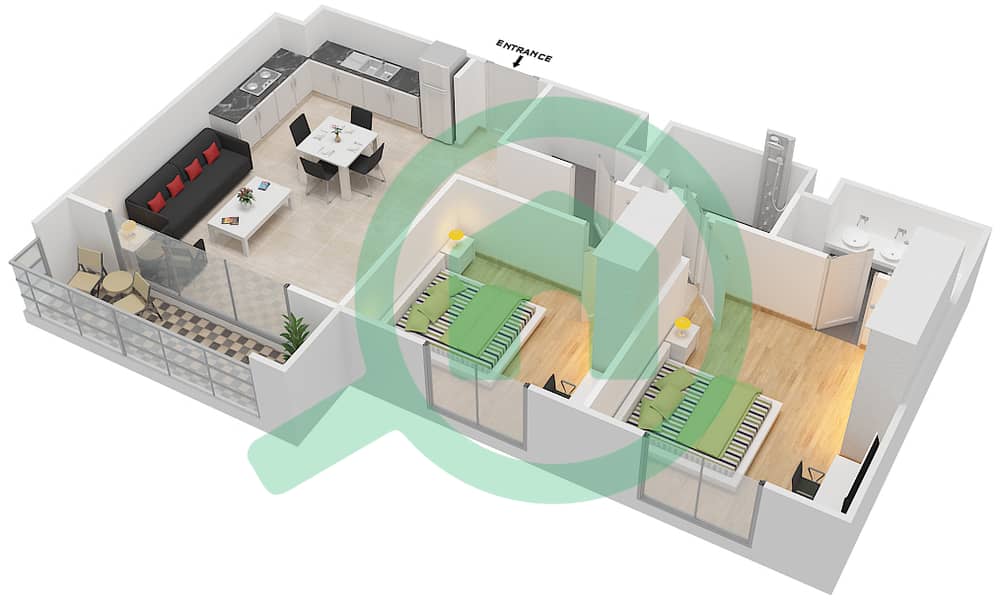 المخططات الطابقية لتصميم النموذج 2E-1 شقة 2 غرفة نوم - شقق صافي 1B interactive3D