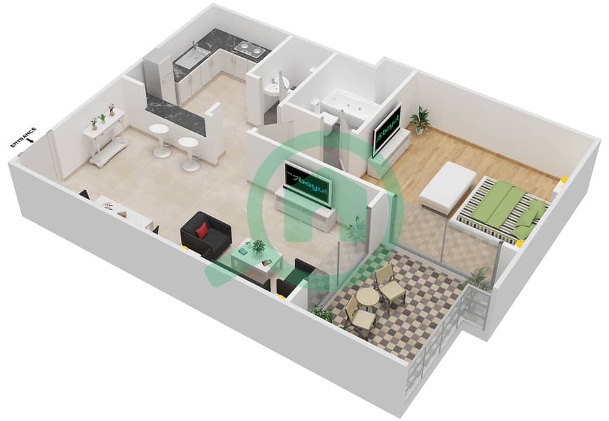 المخططات الطابقية لتصميم النموذج A شقة 1 غرفة نوم - لا فيستا ريزيدنس interactive3D