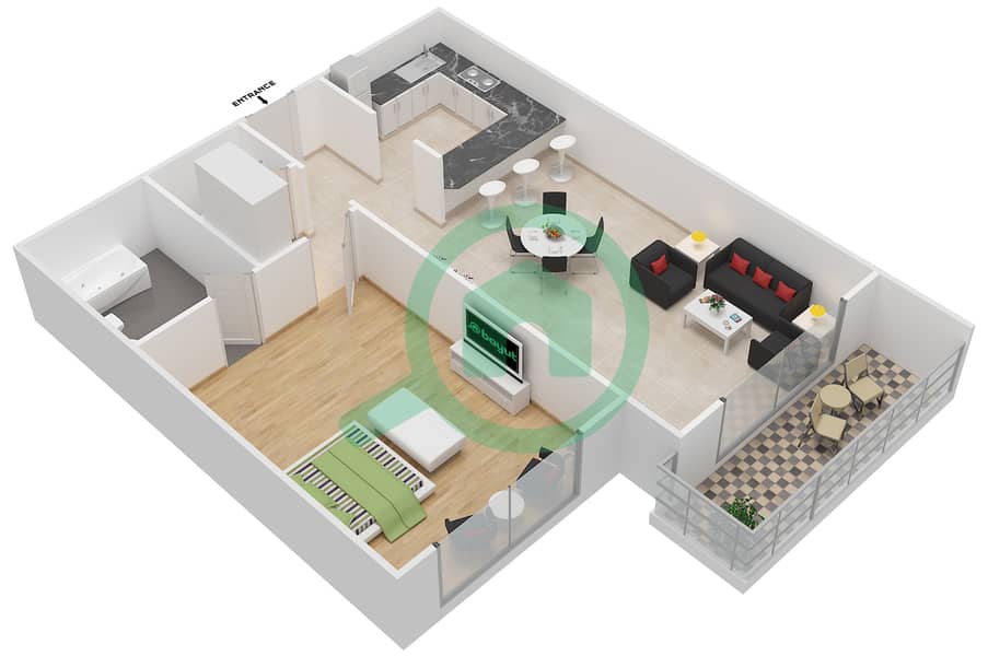 المخططات الطابقية لتصميم النموذج B شقة 1 غرفة نوم - لا فيستا ريزيدنس interactive3D
