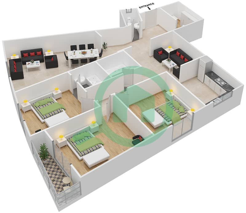 Аль Дана 1 - Апартамент 3 Cпальни планировка Тип 1 interactive3D