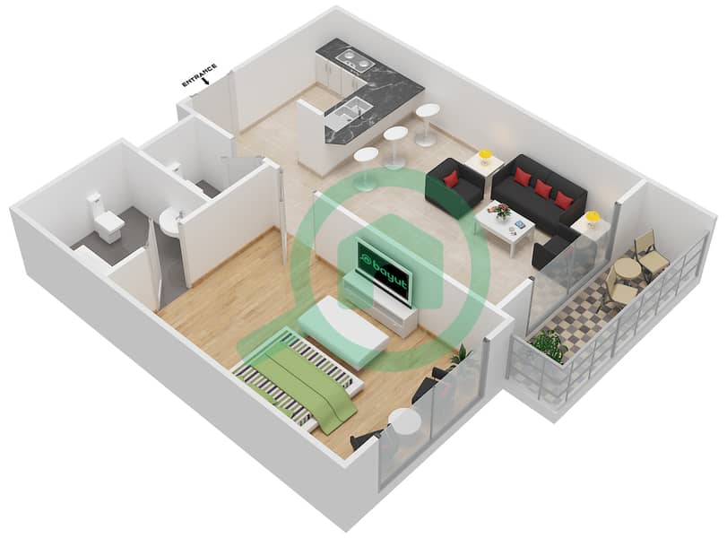 المخططات الطابقية لتصميم النموذج D شقة 1 غرفة نوم - لا فيستا ريزيدنس interactive3D