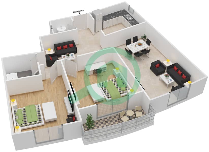 المخططات الطابقية لتصميم النموذج 10 شقة 2 غرفة نوم - الدانا 1 interactive3D