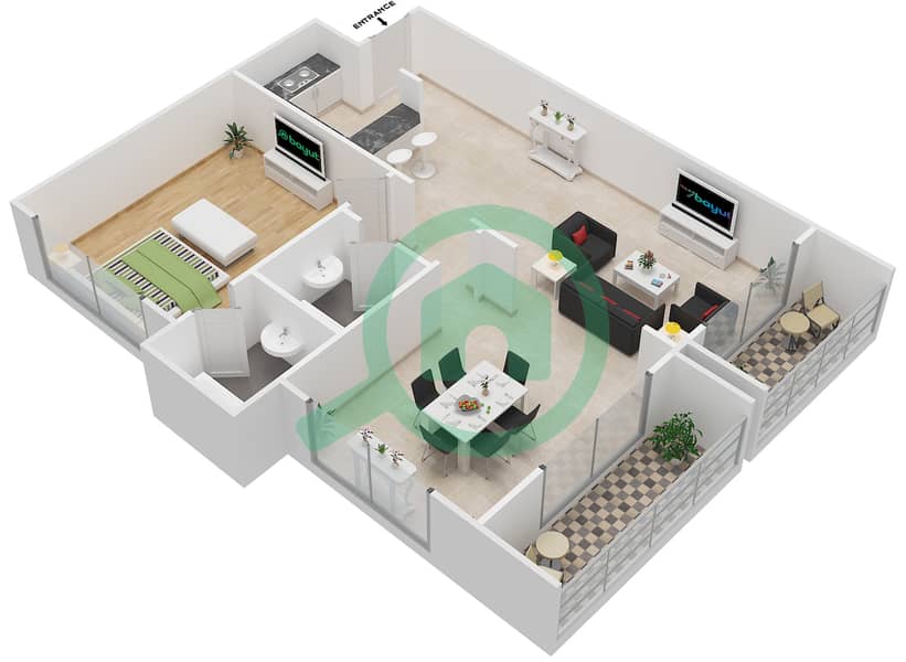 Ла Виста Резиденс - Апартамент 1 Спальня планировка Тип F interactive3D