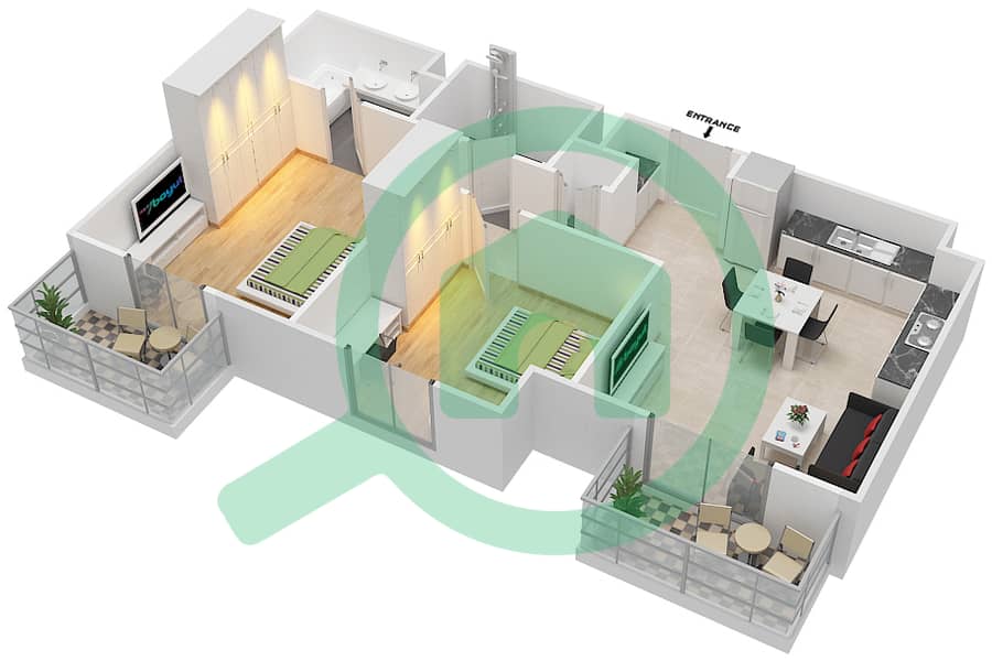 المخططات الطابقية لتصميم النموذج 2F-1 شقة 2 غرفة نوم - شقق صافي 1B interactive3D