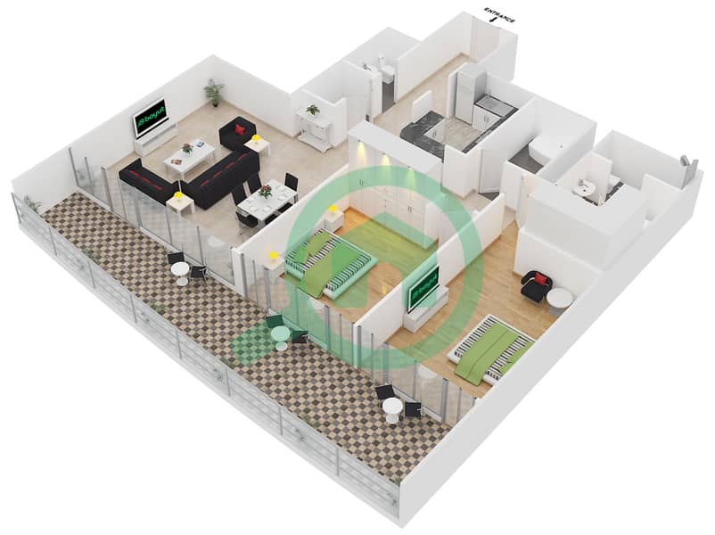 8号林荫大道漫步公寓 - 2 卧室公寓套房1戶型图 interactive3D