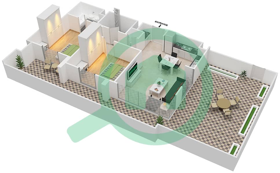 المخططات الطابقية لتصميم النموذج 2G-1 شقة 2 غرفة نوم - شقق صافي 1B interactive3D