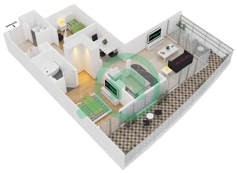 8 Бульвар Волк - Апартамент 1 Спальня планировка Гарнитур, анфилиада комнат, апартаменты, подходящий 4 interactive3D