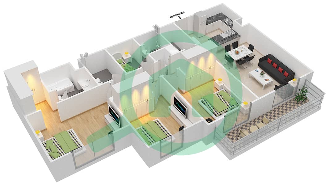 المخططات الطابقية لتصميم النموذج 3A-2 شقة 3 غرف نوم - شقق صافي 1B interactive3D