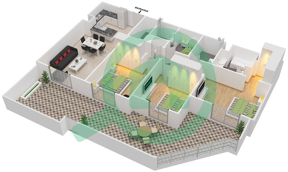 Сафи 1 - Апартамент 3 Cпальни планировка Тип 3A-1 interactive3D