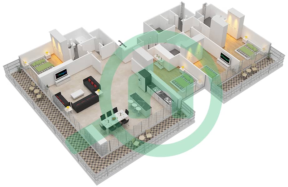 Санрайз Бей - Апартамент 4 Cпальни планировка Единица измерения 1 FLOOR 19-26 interactive3D