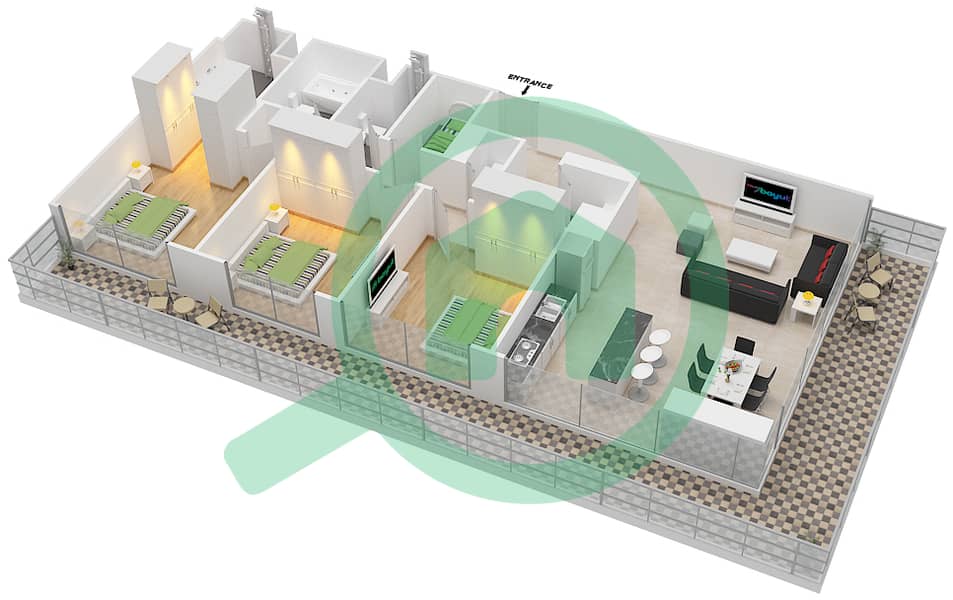 日出海湾公寓 - 3 卧室公寓单位1 FLOOR 1-17戶型图 interactive3D