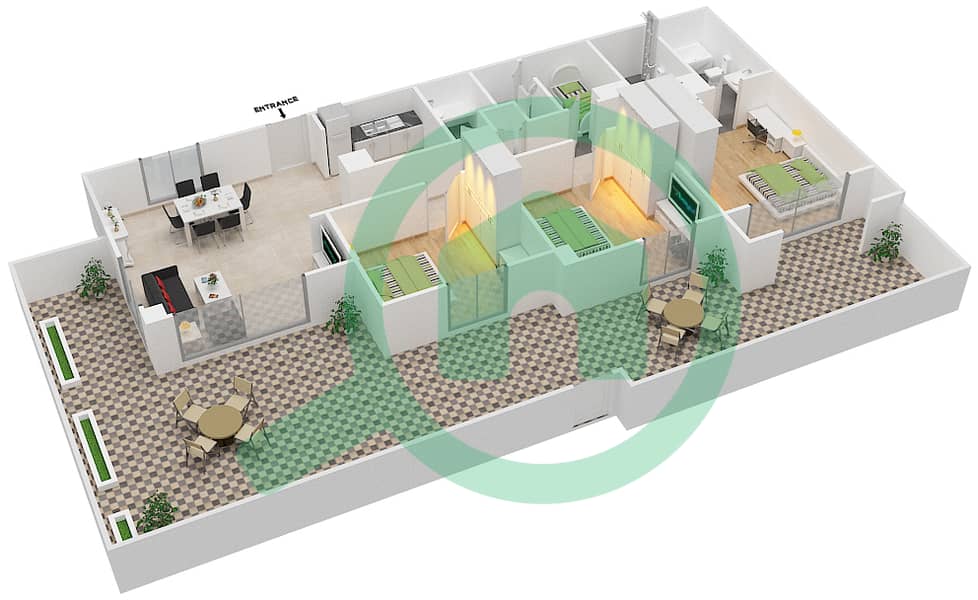 المخططات الطابقية لتصميم النموذج 3B-1 شقة 3 غرف نوم - شقق صافي 1B interactive3D