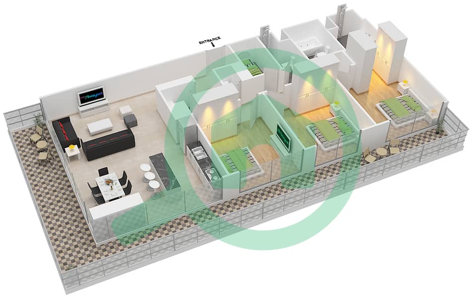 日出海湾公寓 - 3 卧室公寓单位7 FLOOR 19-26戶型图 interactive3D