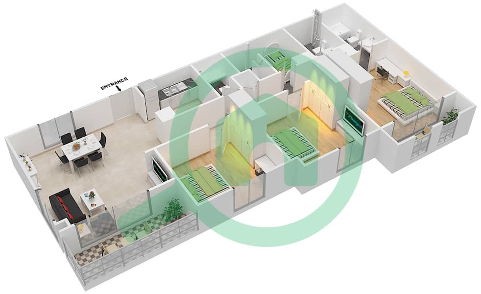 المخططات الطابقية لتصميم النموذج 3B-2 شقة 3 غرف نوم - شقق صافي 1B interactive3D