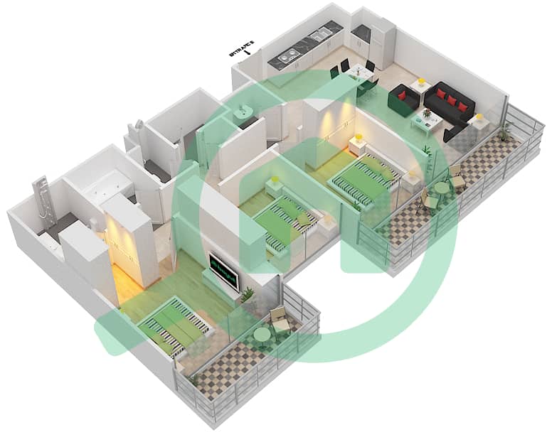 المخططات الطابقية لتصميم الوحدة 2 FLOOR 19-26 شقة 3 غرف نوم - سانرايز باي interactive3D