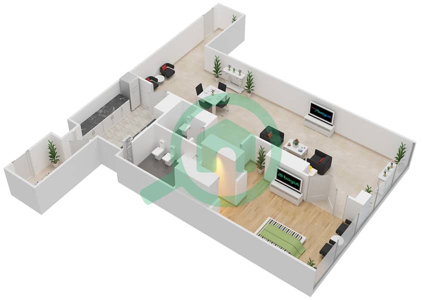 المخططات الطابقية لتصميم النموذج A شقة 1 غرفة نوم - أبراج الدرة interactive3D
