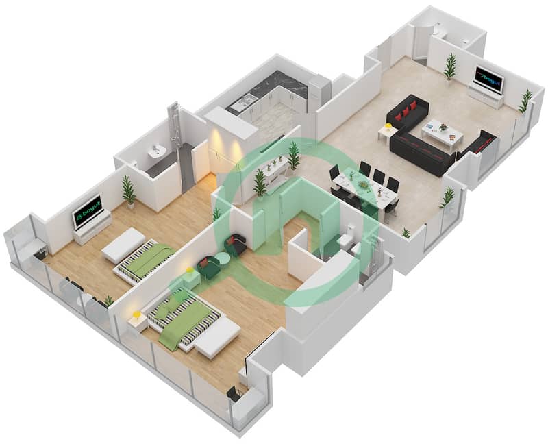 杜拉赫大厦 - 2 卧室公寓类型B戶型图 interactive3D