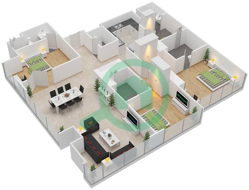 Тауэр Аль Дурра - Апартамент 3 Cпальни планировка Тип C interactive3D