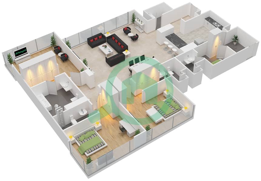 Тауэр Аль Дурра - Апартамент 3 Cпальни планировка Тип D interactive3D