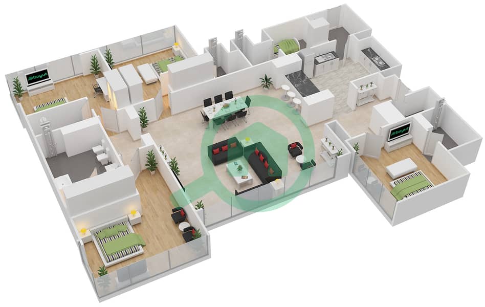 المخططات الطابقية لتصميم النموذج E شقة 4 غرف نوم - أبراج الدرة interactive3D