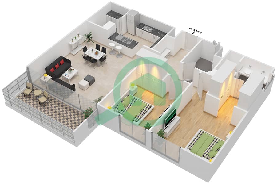 A2 - 2 卧室公寓单位06戶型图 interactive3D