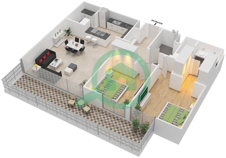 المخططات الطابقية لتصميم الوحدة 03 FLOOR 1 شقة 2 غرفة نوم - A2 interactive3D