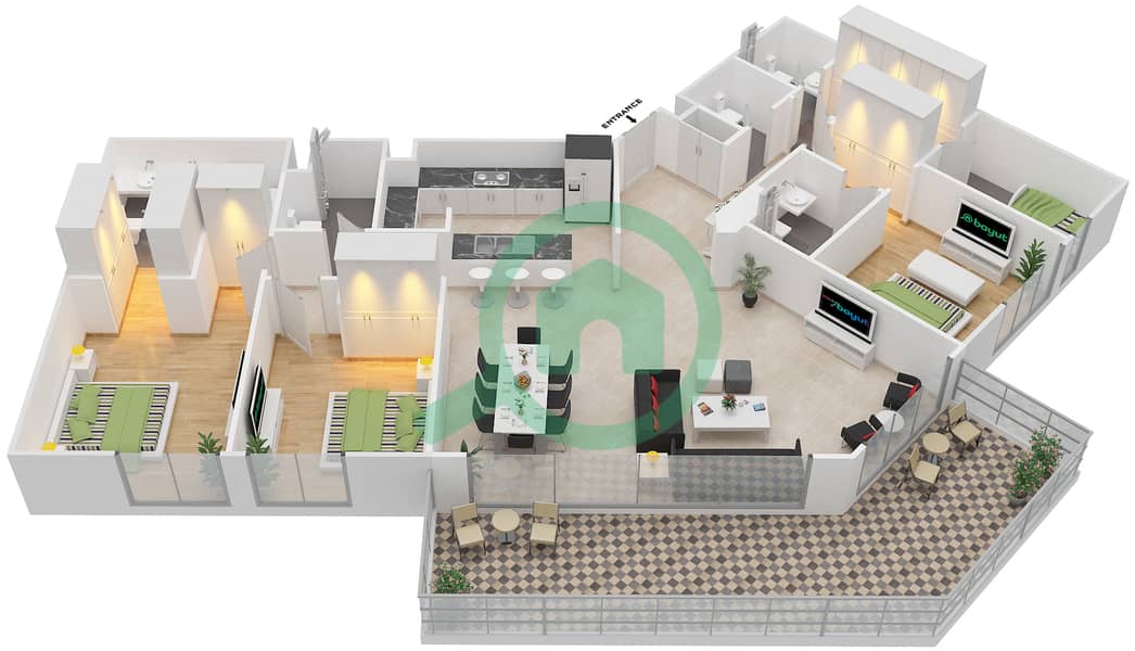 المخططات الطابقية لتصميم الوحدة 08,09 شقة 3 غرف نوم - A2 interactive3D