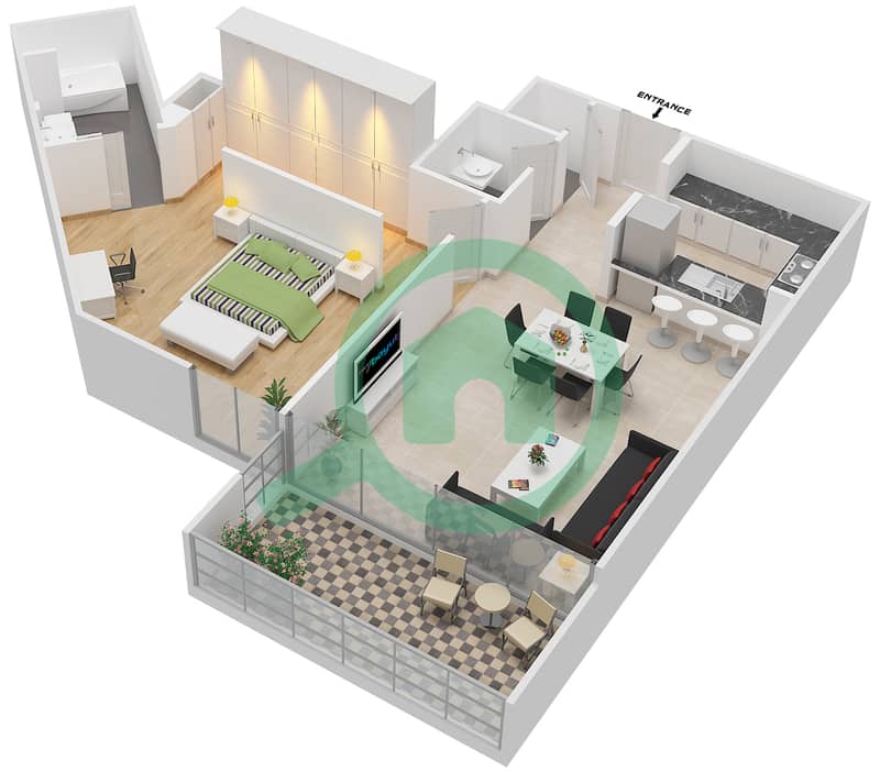 المخططات الطابقية لتصميم الوحدة 07 شقة 1 غرفة نوم - A2 interactive3D