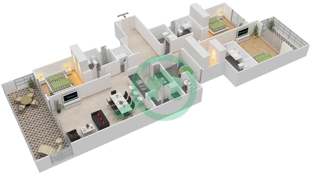 المخططات الطابقية لتصميم الوحدة 08 شقة 3 غرف نوم - A2 interactive3D