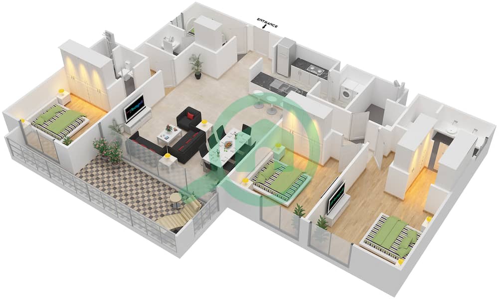A2 - 3 卧室公寓单位01 FLOOR 3-12戶型图 interactive3D