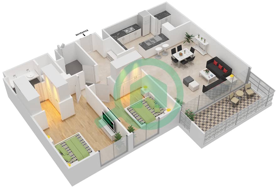 A2 - 2 卧室公寓单位02-05戶型图 interactive3D