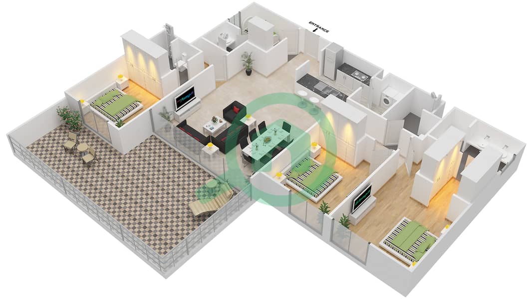 المخططات الطابقية لتصميم الوحدة 01 FLOOR 2 شقة 3 غرف نوم - A2 interactive3D