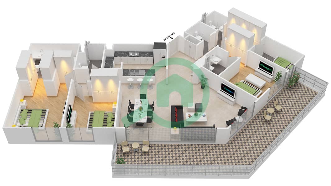 المخططات الطابقية لتصميم الوحدة 01 FLOOR 1 شقة 3 غرف نوم - A2 interactive3D