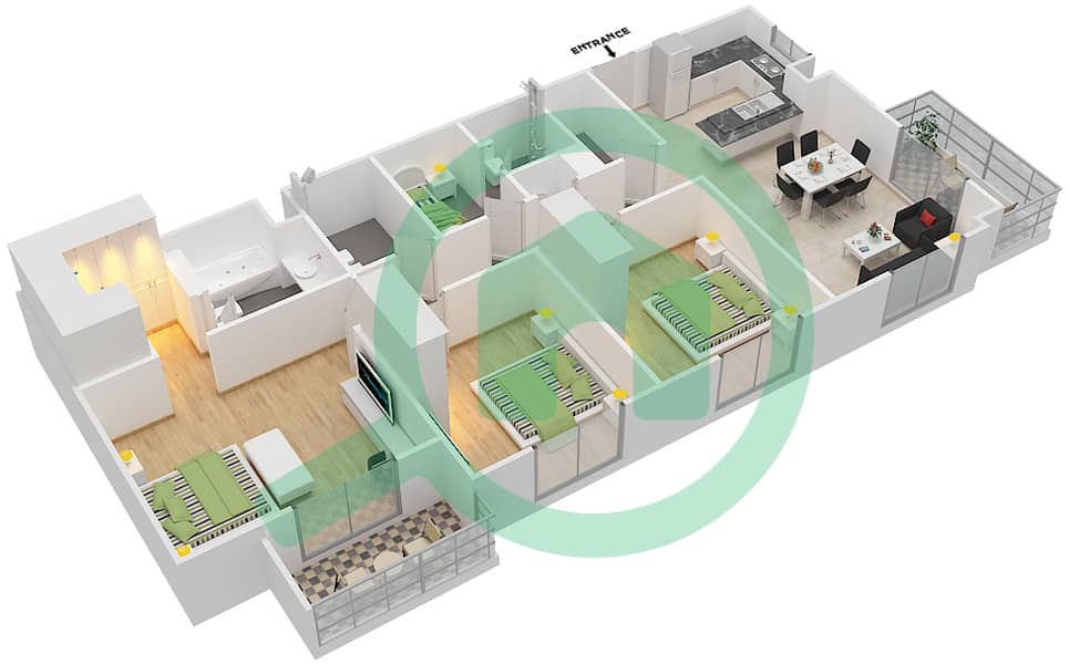 Safi Apartments 1B - 3 Bedroom Apartment Type 3C-1 Floor plan interactive3D