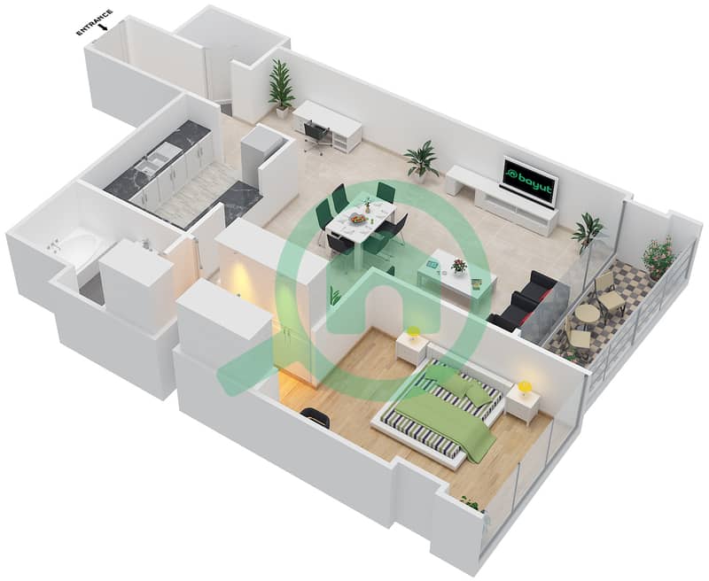 المخططات الطابقية لتصميم النموذج B شقة 1 غرفة نوم - روضة أبوظبي interactive3D