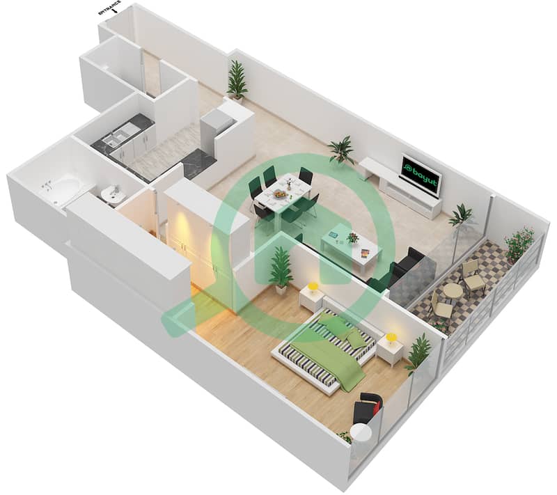 المخططات الطابقية لتصميم النموذج C شقة 1 غرفة نوم - روضة أبوظبي interactive3D