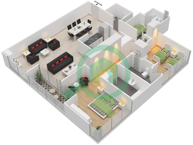 المخططات الطابقية لتصميم النموذج A شقة 2 غرفة نوم - روضة أبوظبي interactive3D