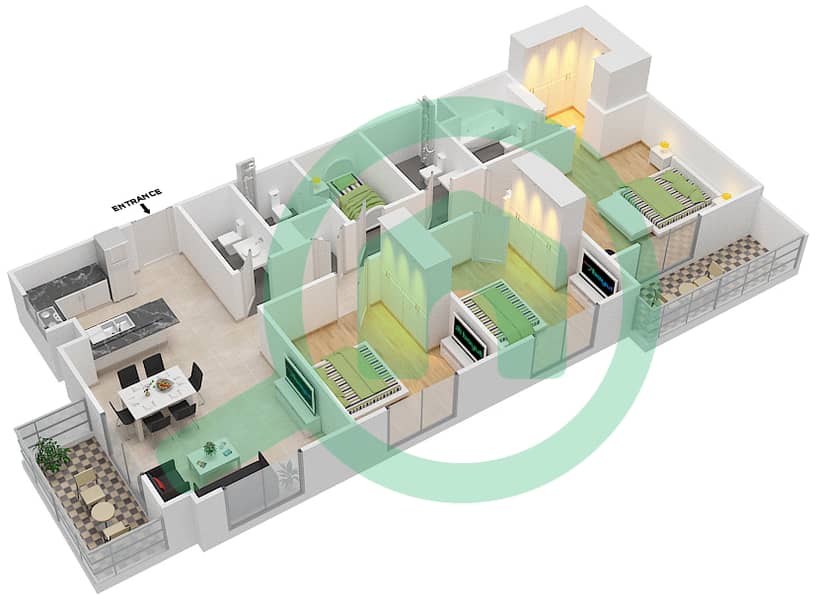 萨菲1号 - 3 卧室公寓类型3C-3戶型图 interactive3D