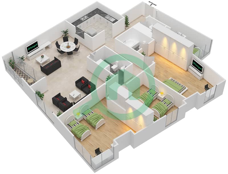 المخططات الطابقية لتصميم النموذج A شقة 3 غرف نوم - روضة أبوظبي interactive3D