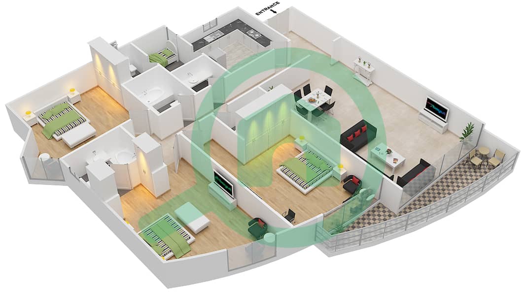المخططات الطابقية لتصميم الوحدة 3,14 شقة 3 غرف نوم - برج هورايزون B interactive3D