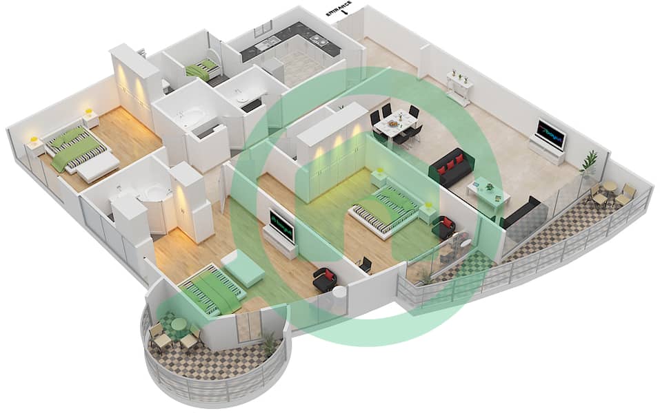 المخططات الطابقية لتصميم الوحدة 4,13 شقة 3 غرف نوم - برج هورايزون B interactive3D