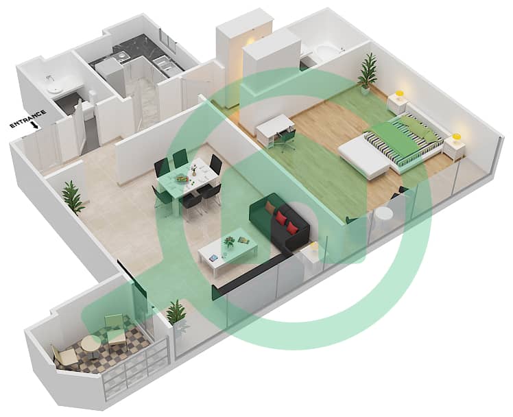 地平线大厦B座 - 1 卧室公寓单位8,9戶型图 interactive3D