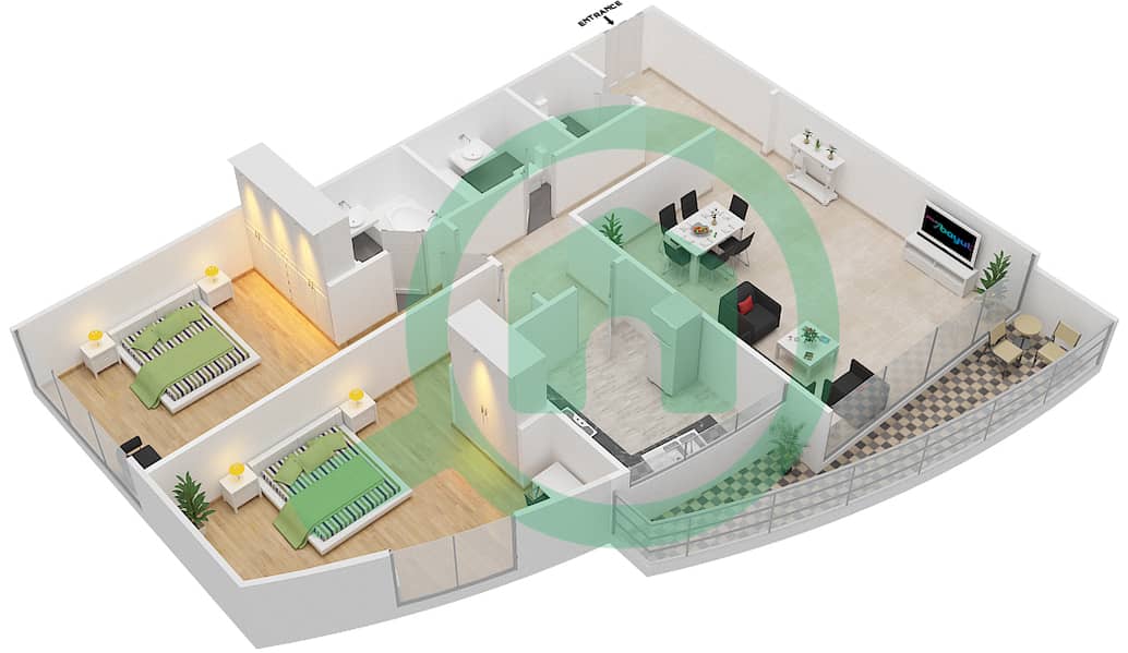المخططات الطابقية لتصميم الوحدة 3,14 شقة 2 غرفة نوم - برج هورايزون B interactive3D