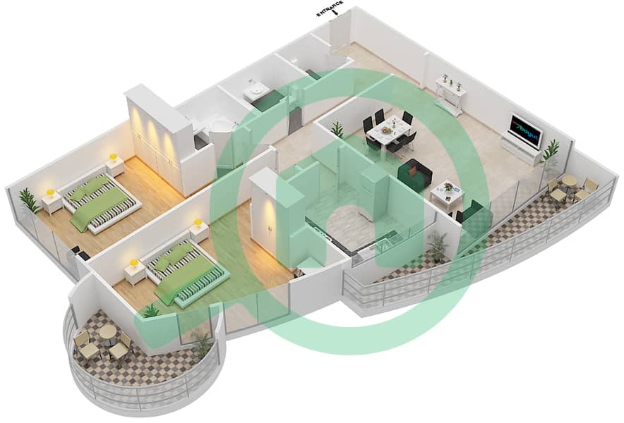 地平线大厦B座 - 2 卧室公寓单位4,13戶型图 interactive3D