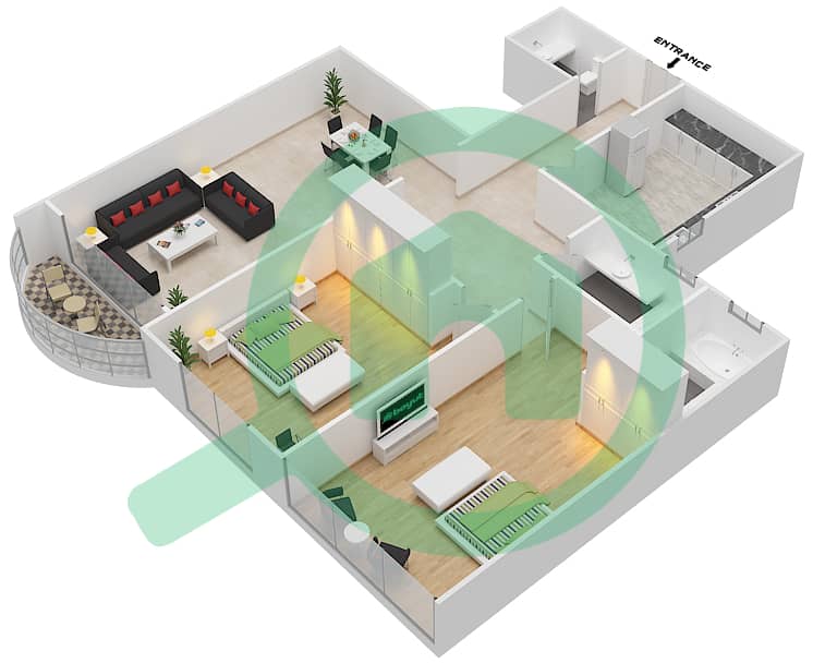 المخططات الطابقية لتصميم الوحدة 6,11 شقة 2 غرفة نوم - برج هورايزون B interactive3D