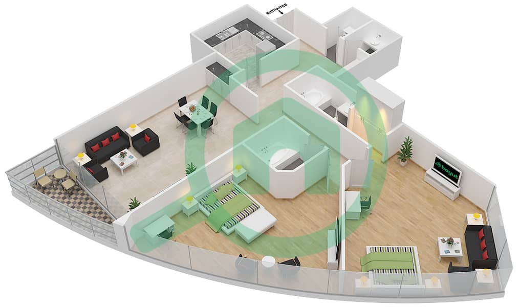 地平线大厦B座 - 2 卧室公寓单位7,10戶型图 interactive3D