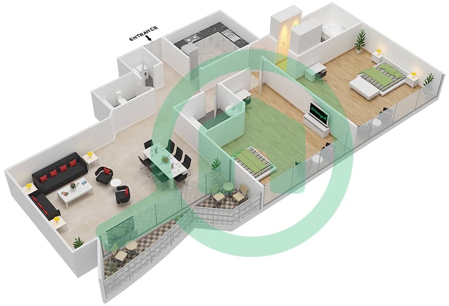地平线大厦B座 - 2 卧室公寓单位1,9戶型图 interactive3D