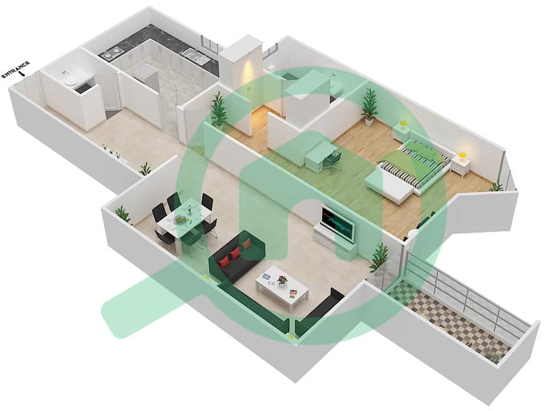 Horizon Tower B - 1 Bedroom Apartment Unit 1,16 Floor plan interactive3D