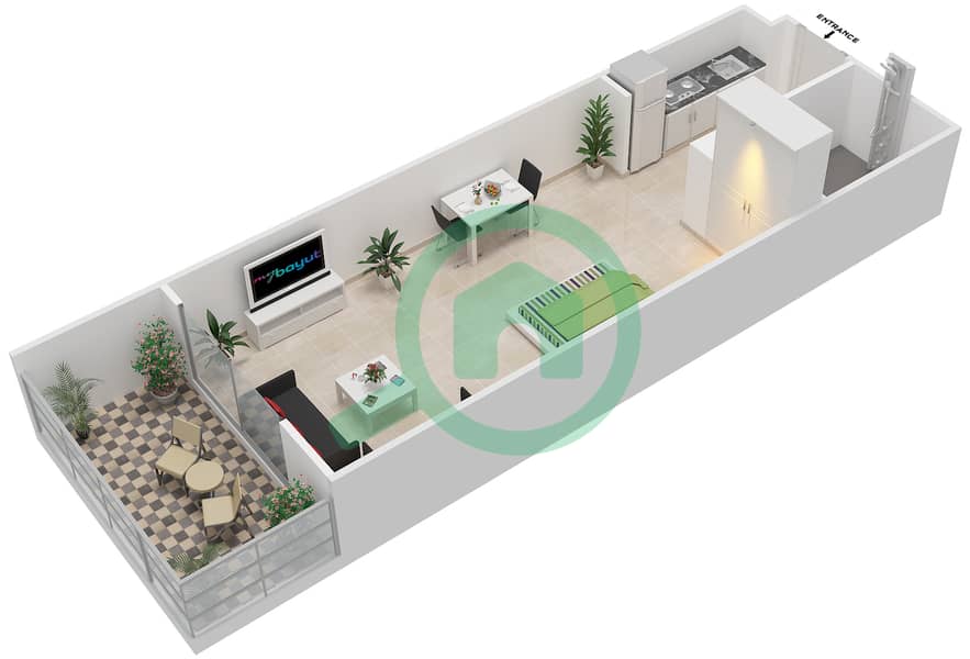المخططات الطابقية لتصميم النموذج 1 شقة استوديو - الحسين ريزيدنس interactive3D