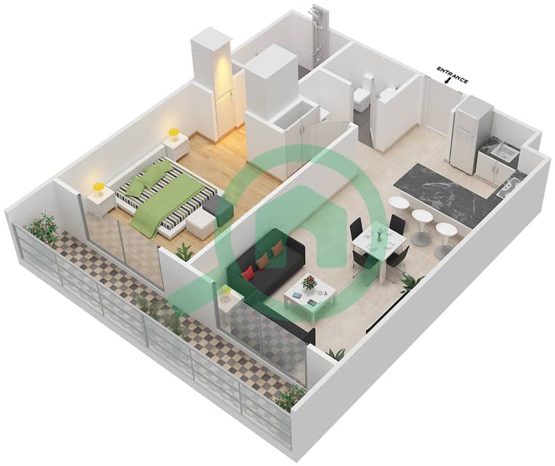 المخططات الطابقية لتصميم النموذج 2 شقة 1 غرفة نوم - الحسين ريزيدنس interactive3D
